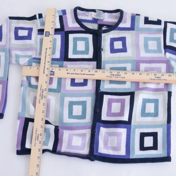 Vintage Talbots Navy Purple Geometric Squares Button Up Cardigan Sweater L - Picture 3 of 10